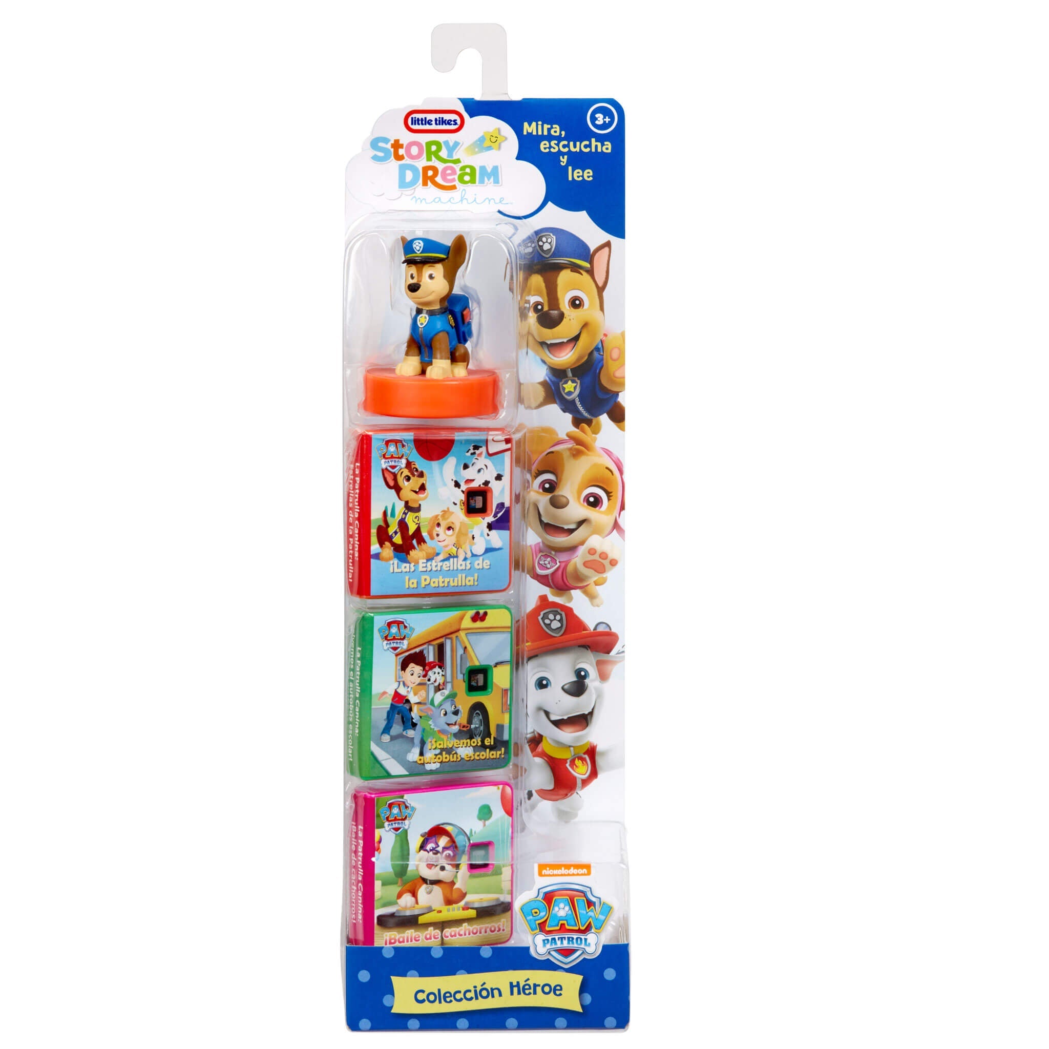 Embalaje de Paw Patrol con figuras y libros sobre un fondo blanco.