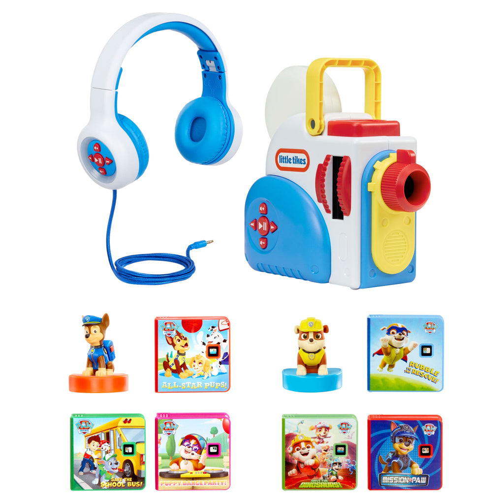 Story Dream Machine with headphones and Paw Patrol-themed books on a white background