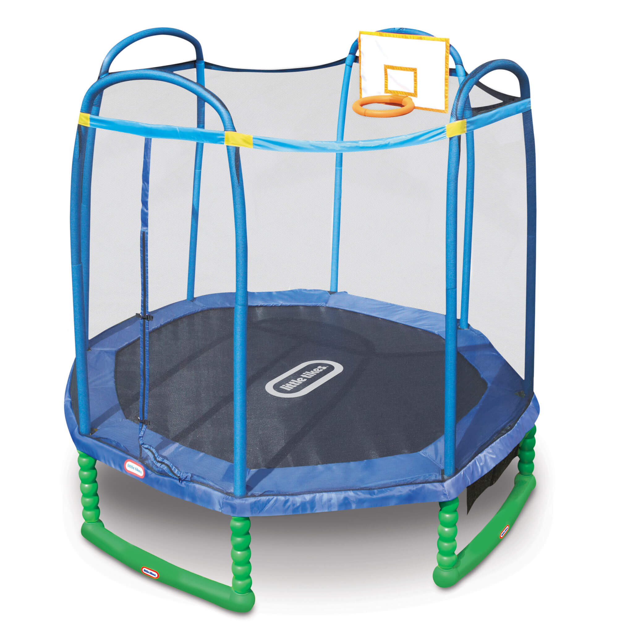 Blue and green trampoline with safety net and basketball hoop on a white background