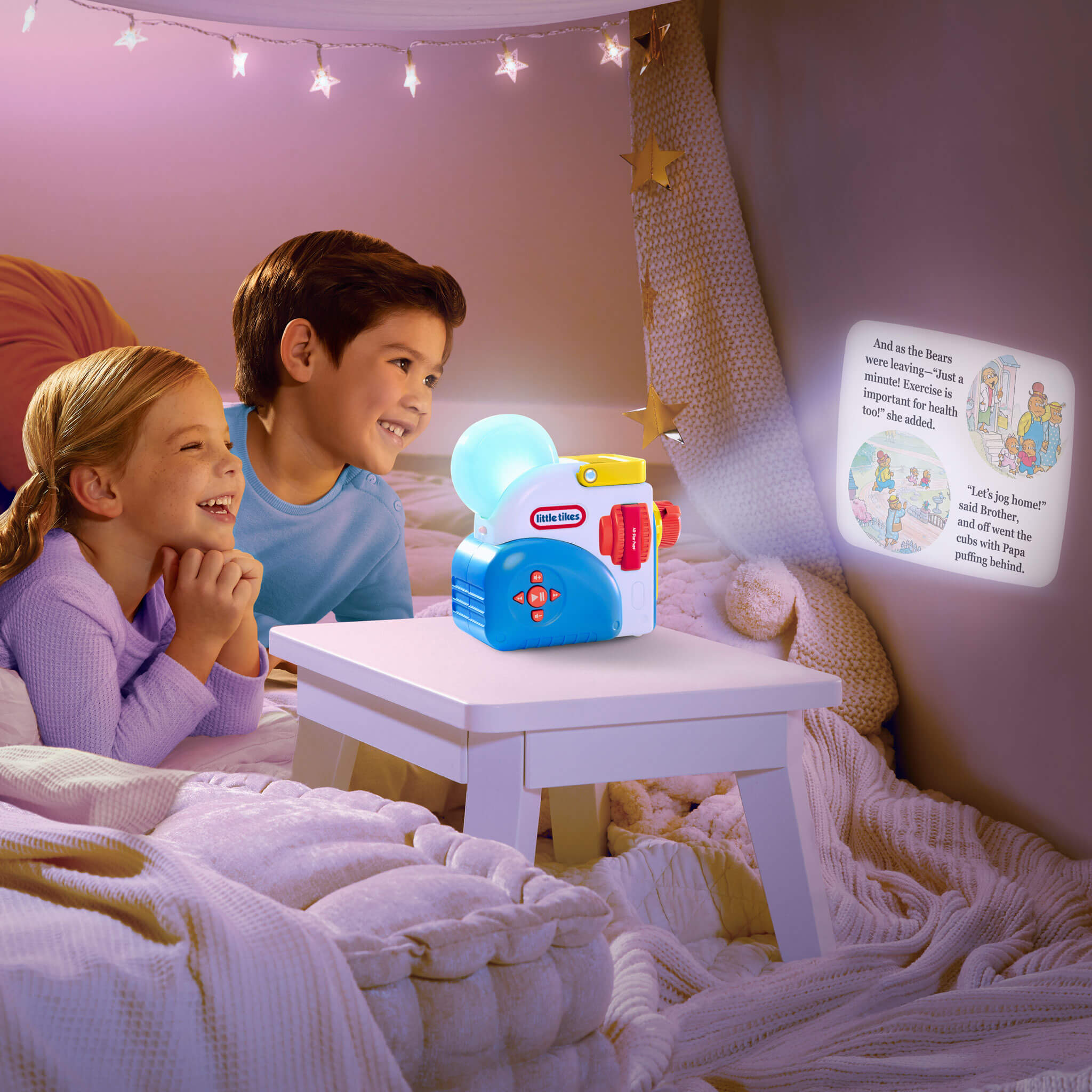 boy and girl watching story on wall