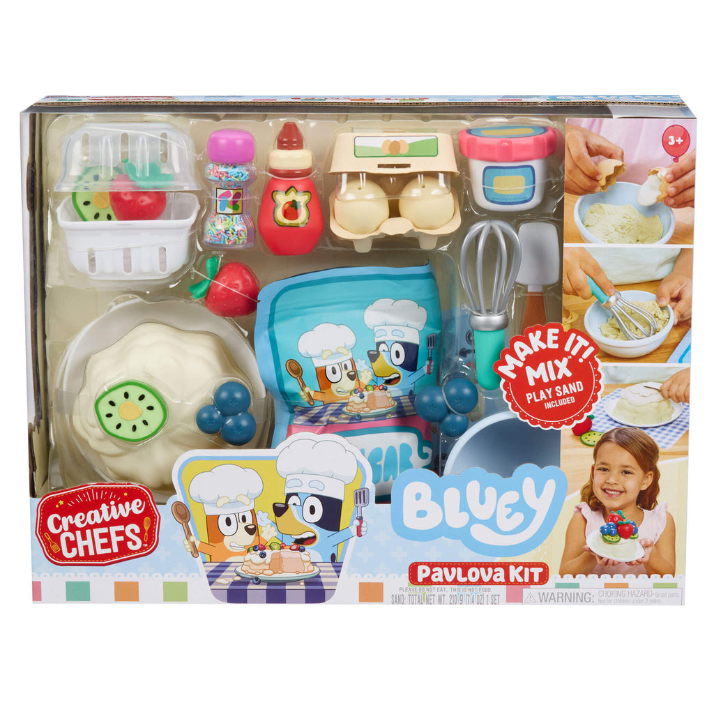 Bluey Pavlova Kit packaging with playset items
